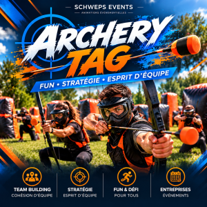 Participants à une animation Archery Tag avec arcs et flèches en mousse