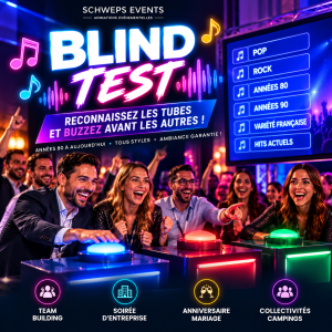 Animation Blind Test musical avec buzzers lumineux lors d'une soirée d'entreprise